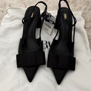 NWT Zara Black Pointed Slingback Heels with Bow Detail